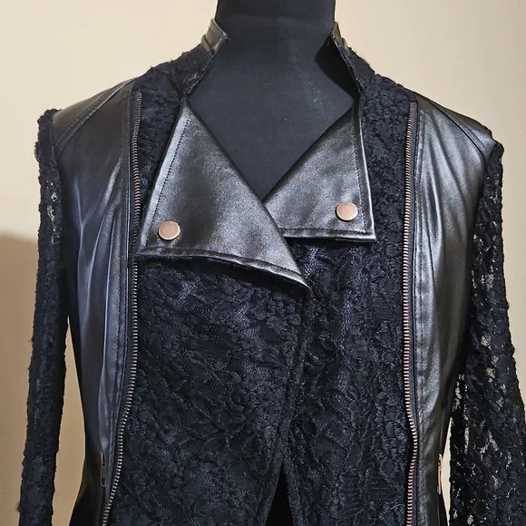 Streetwear Society Black Faux Leather Lace Insert Moto Jacket Small - Picture 2 of 15